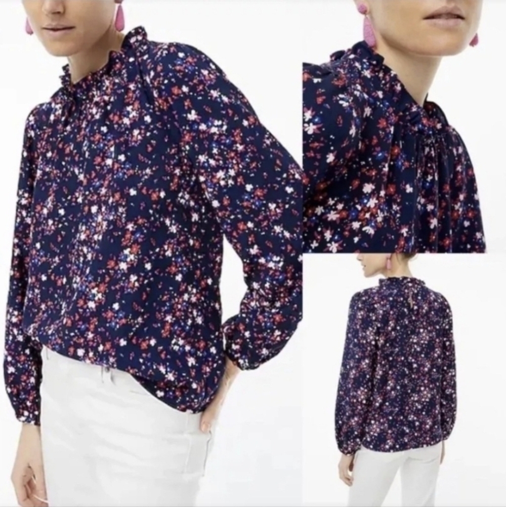 J. Crew Classic-fit collarless puff-sleeve Long Sleeve Ruffleneck Floral Top S